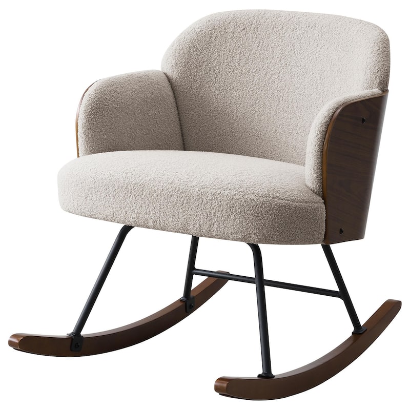Perry Accent Rocking Chair, Modern Walnut Brown Bentwood, Beige Boucle