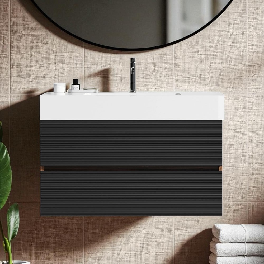 36 Inch Wall Mounted Bathroom Vanity with Double Drawers, Black Grille Front, Walnut Panel, Soft Close Slides