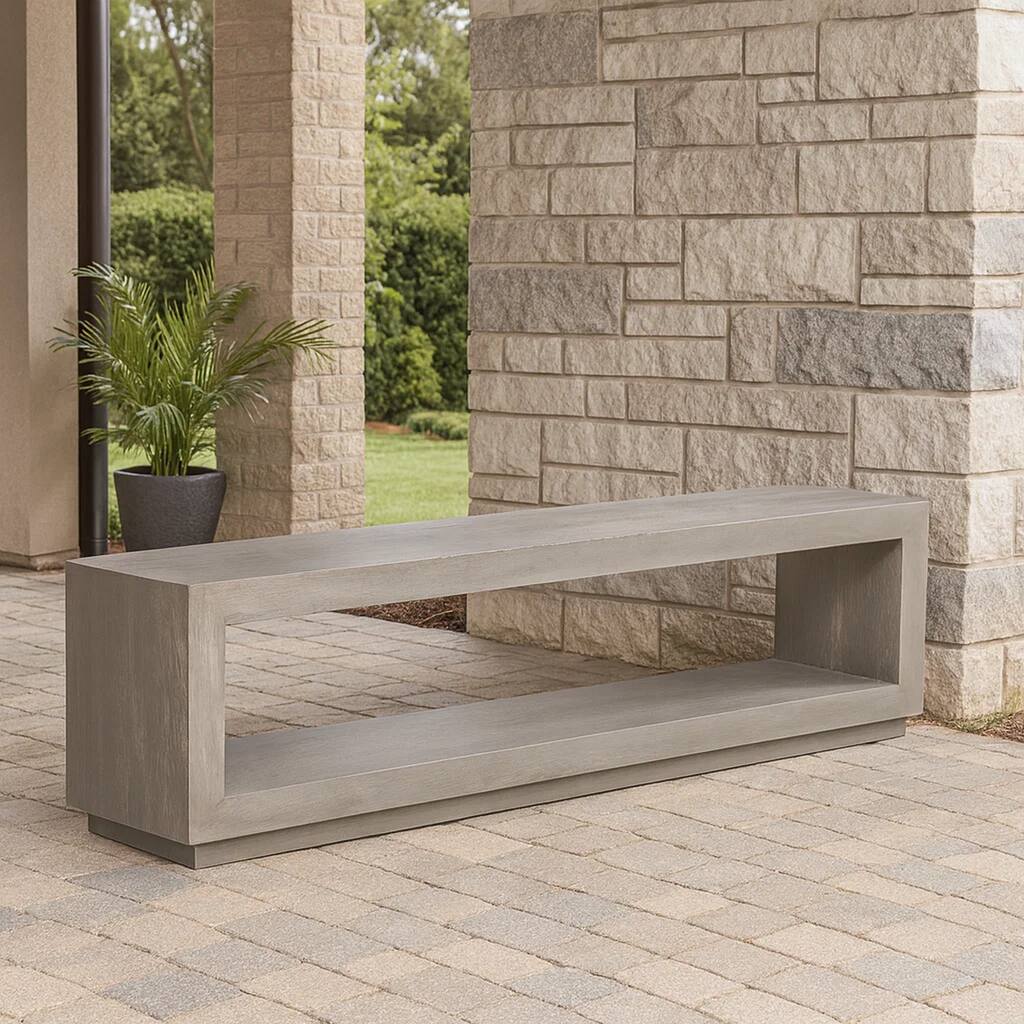 Jose 60 Inch Acacia Wood Bench, Open Floating Plinth Base, Weathered Grey