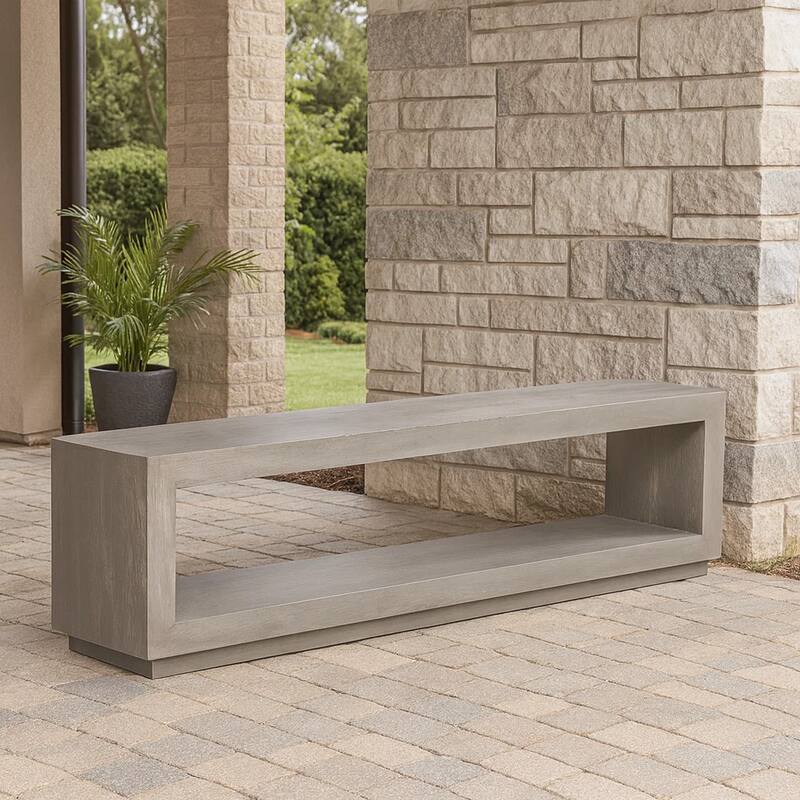 Jose 60 Inch Acacia Wood Bench, Open Floating Plinth Base, Weathered Grey