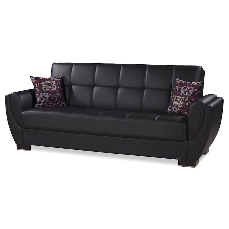 HomeRoots 93" Black Faux Leather Convertible Futon Sleeper Sofa And Toss Pillows With Storage