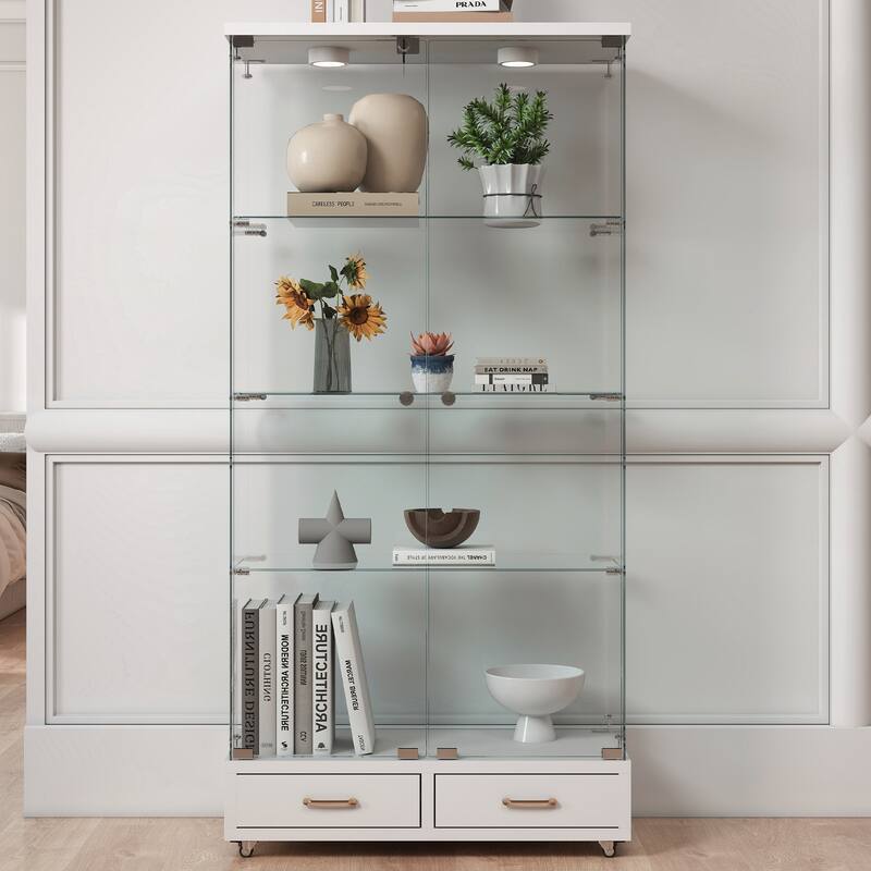 Modern Glass Display Cabinet with Large Drawer for Living Room and Bedroom - White