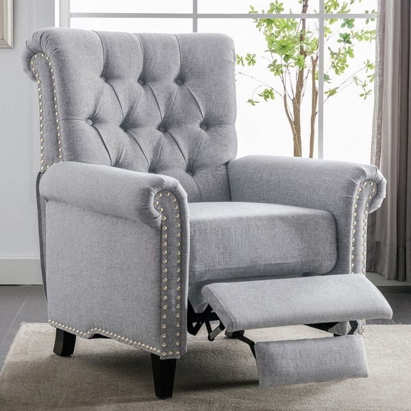 Pushback Linen Tufted Recliner Single Sofa with Nailheads Roll Arm