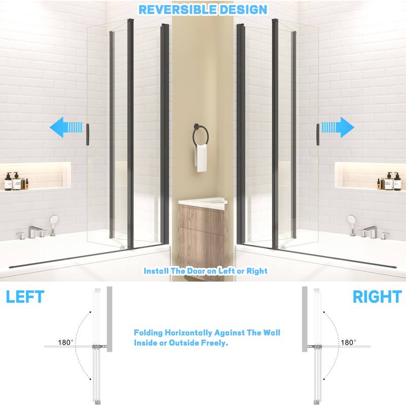 Foldable Hinged Pivot Tub Door in Matte Black with Clear Tempered Glass
