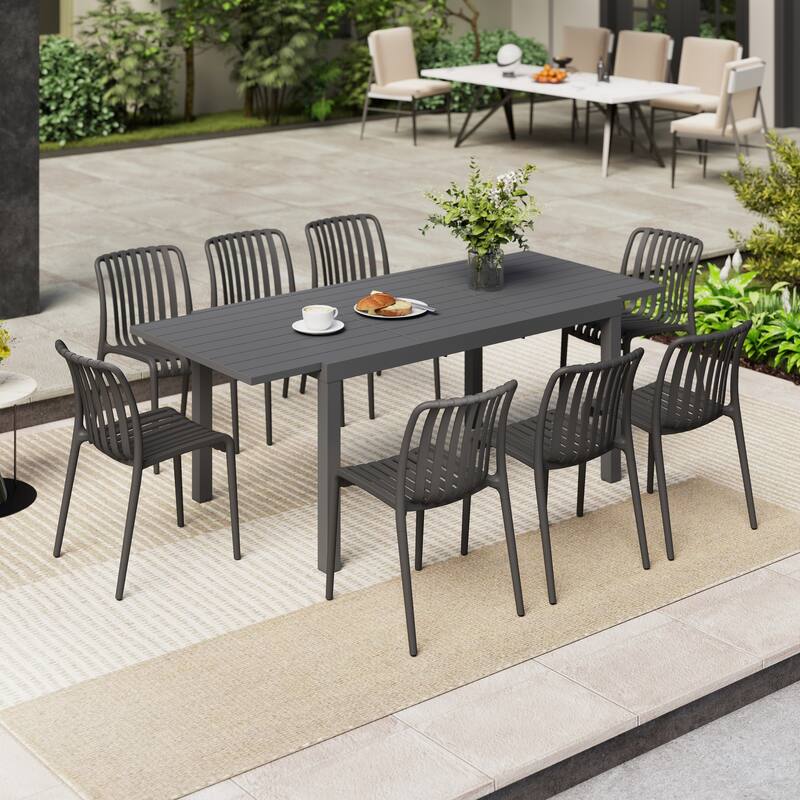 Outdoor Dining Set 9-Piece Stackable Plastic Lightweight Dining Chair and Extendable Dining Table