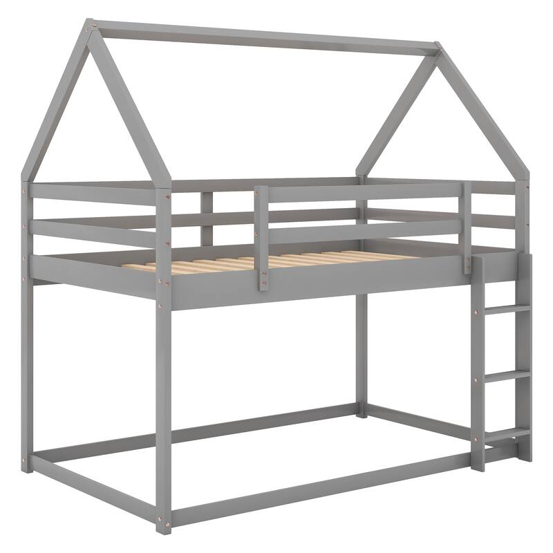 Low Bunk House Bed with Ladder, Twin over Twin, Gray