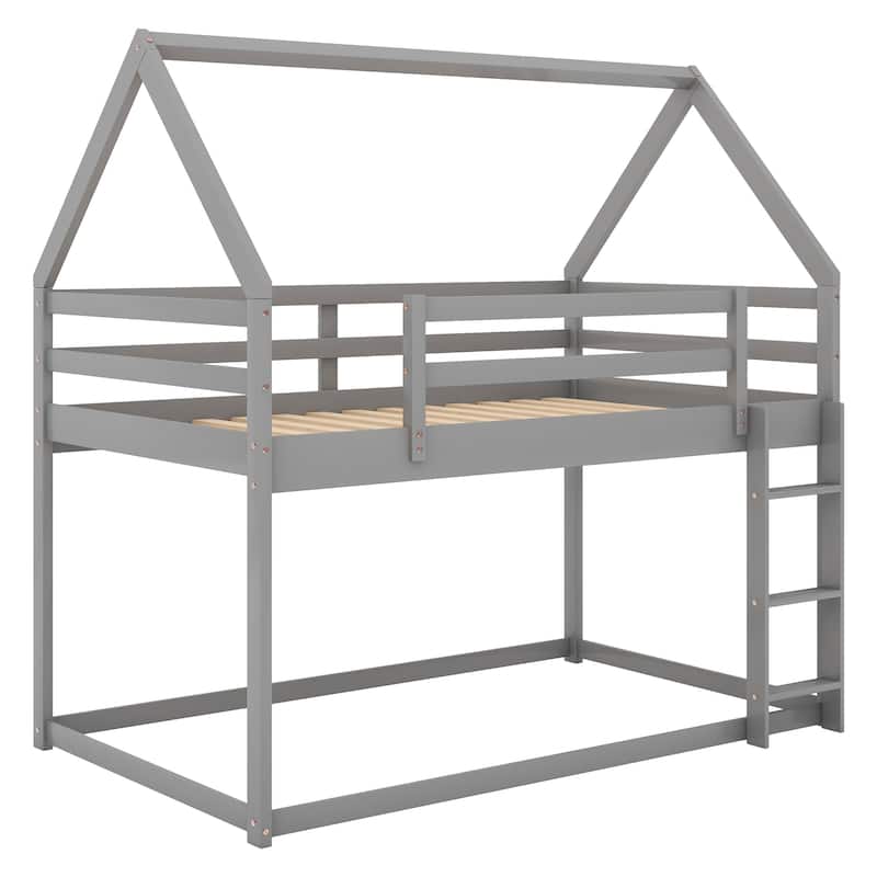 White Twin Over Twin Low Bunk Bed with House Frame and Ladder