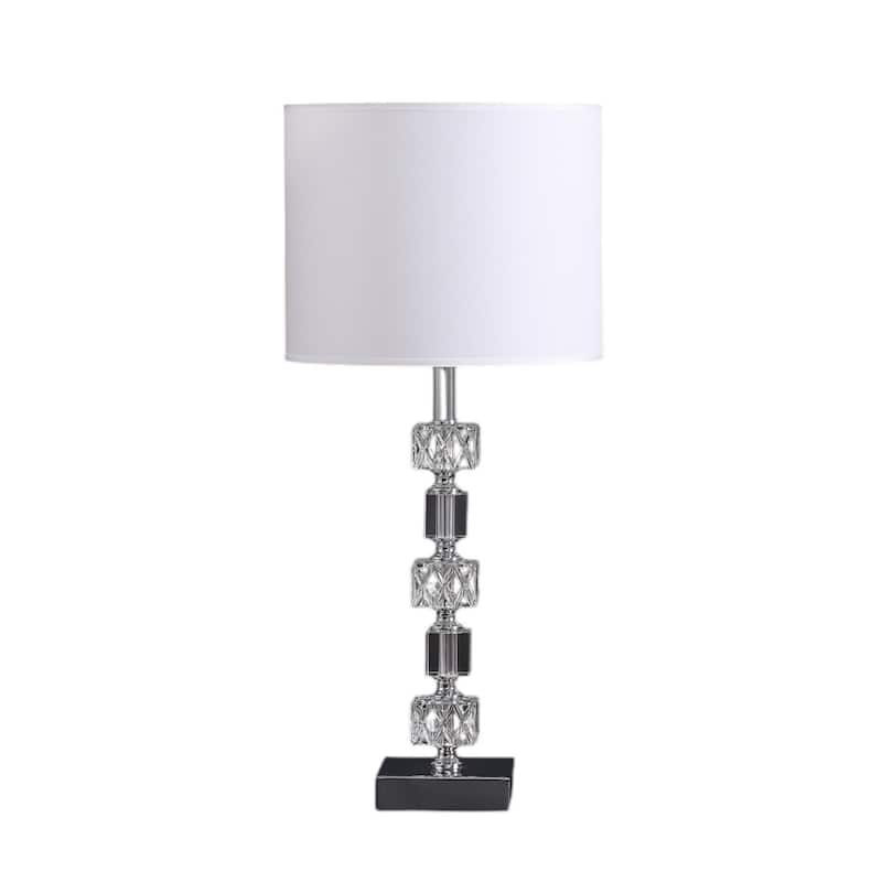 Silver Chrome Metal Bedside Table Lamp with White Linen Drum Shade and Crystal Orb - 9.5” x 9.5” x 19.75” (D x W x H) - Silver-White