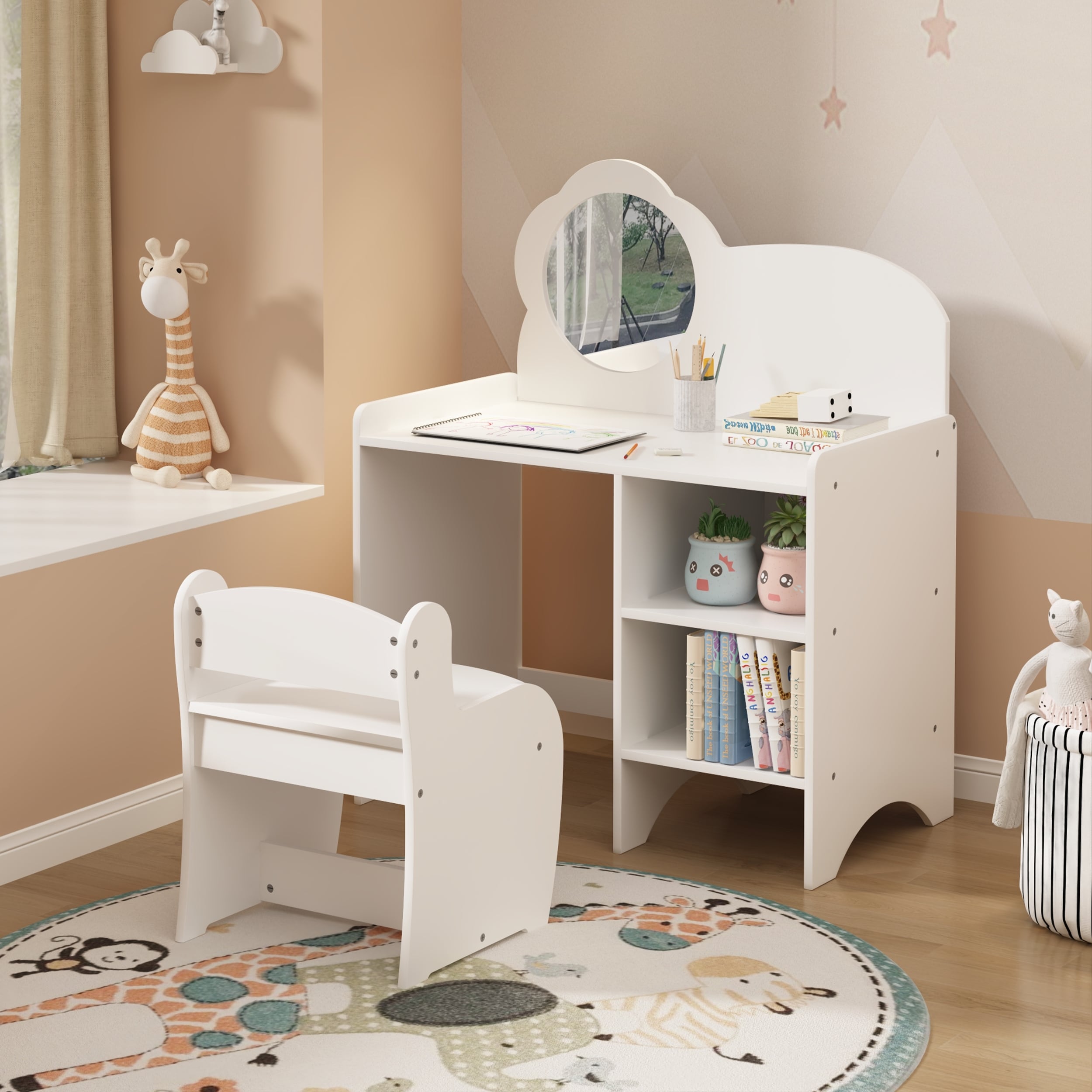 Kids Wooden Vanity Table Set with Mirror, Chair, and Storage Shelves for Dressing, Studying, and Play