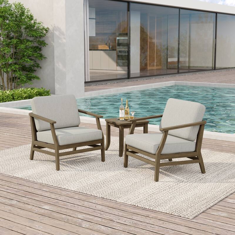 2 Set Patio Teak Wood Outdoor Chair and Side Table Set with Cushions