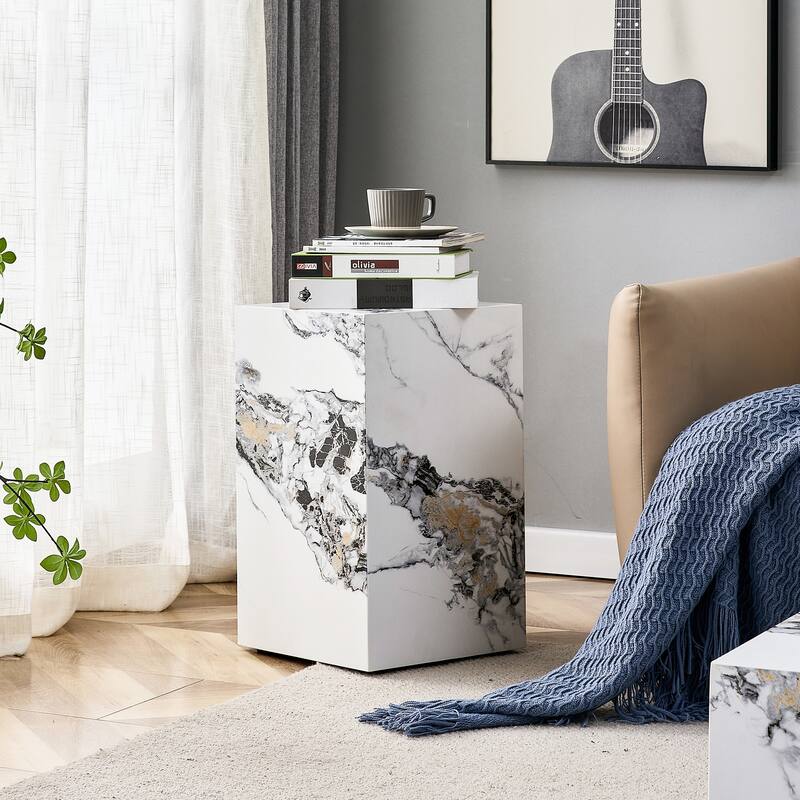 Modern Accent Table Cube Coffee Table with Faux Marble Patterned, End Table Dining Table for Living Room