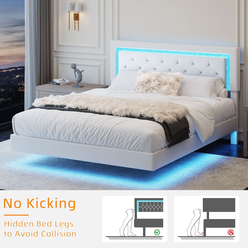 Upholstered Platform Bed PU Leather Floating Bed Frame with LED Lights&Diamond Tufted Headboard/No Box Spring Needed/Noise Free