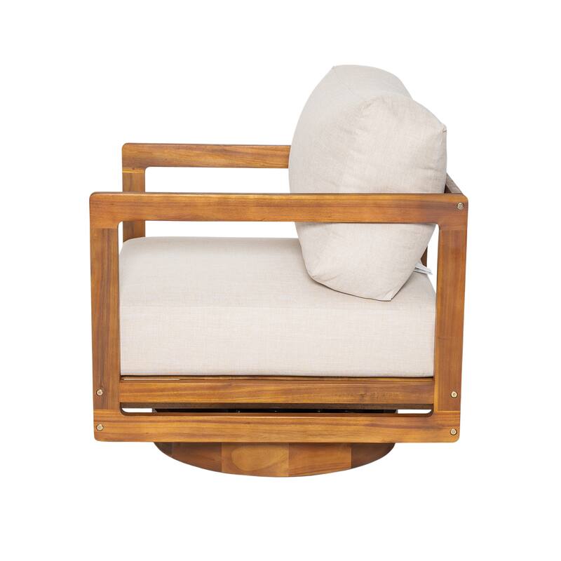 Roomfitters Tanah Outdoor Acacia Wood Swivel Lounge Chair with Cushions, Teak Finish and Beige