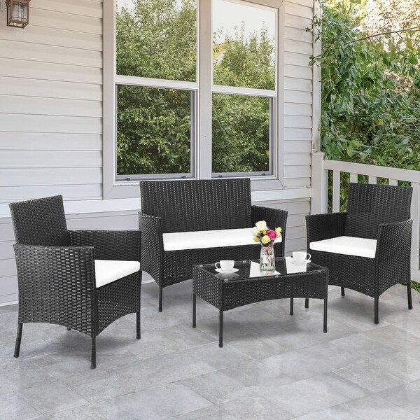 Outdoor 4 Piece PE Wicker Conversation Set with Cushion On Sale