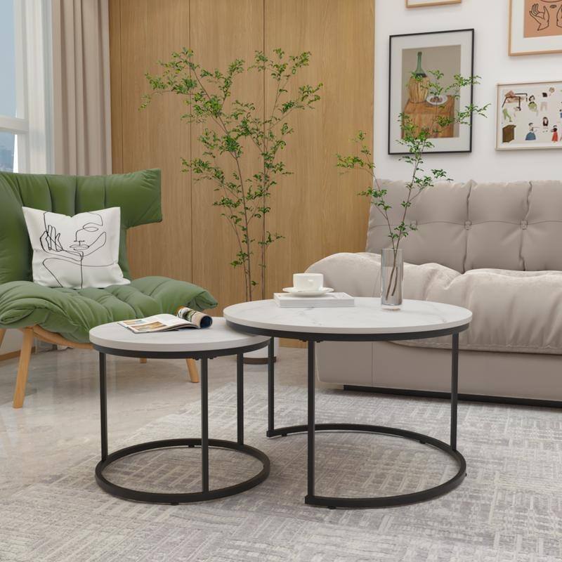 Round Nesting Coffee Table Set of 2 with Marble Pattern Top & Metal Frame