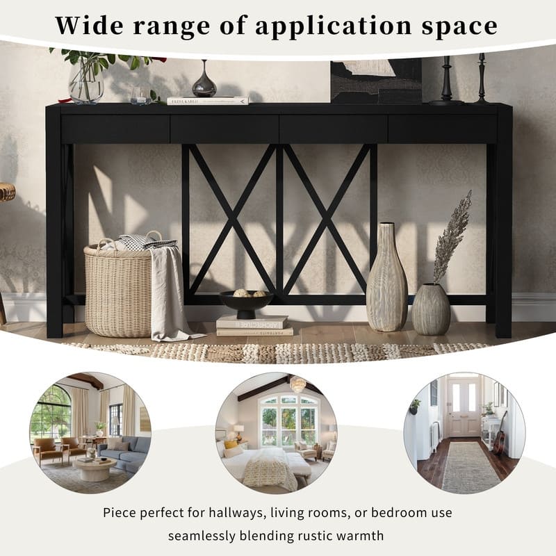 60''Acacia Veneer Console Table with 4 Spacious Drawers, Modern Crisscross Design Entryway Table with Open Bottom Storage