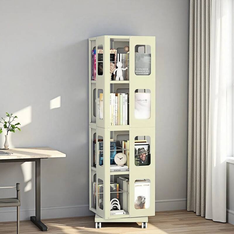 Rotating Bookshelf Tower 4 Tier All-Steel with 360° Wheels，Moveable Storage Rack Corner Bookshelf