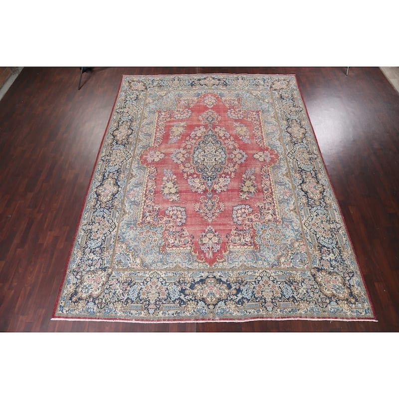 Antique Vegetable Dye Floral Kerman Persian Wool Area Rug Hand-knotted - 11'0" x 14'5"