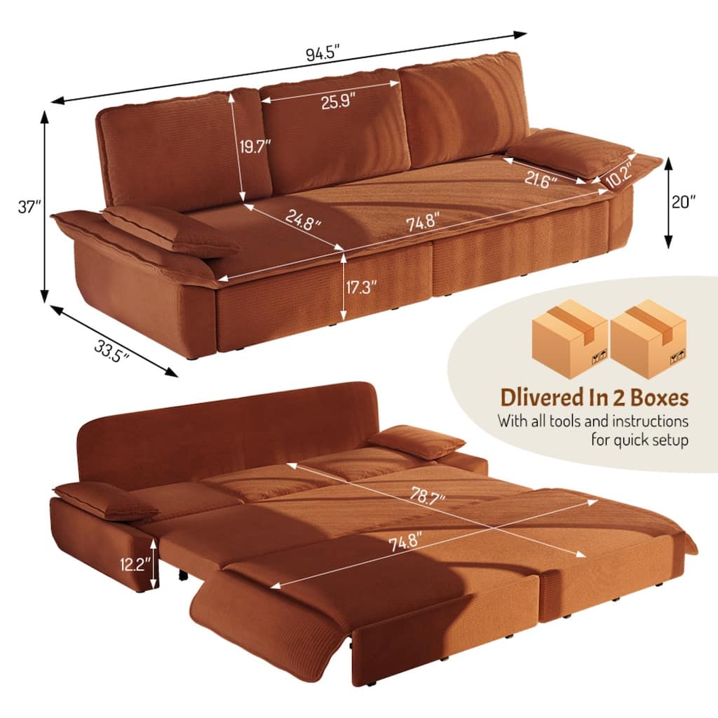 FurnitureR 94.5" King Pull Out Sofa Bed, 3-in-1 Corduroy Convertible Sleeper Sofa, Orange