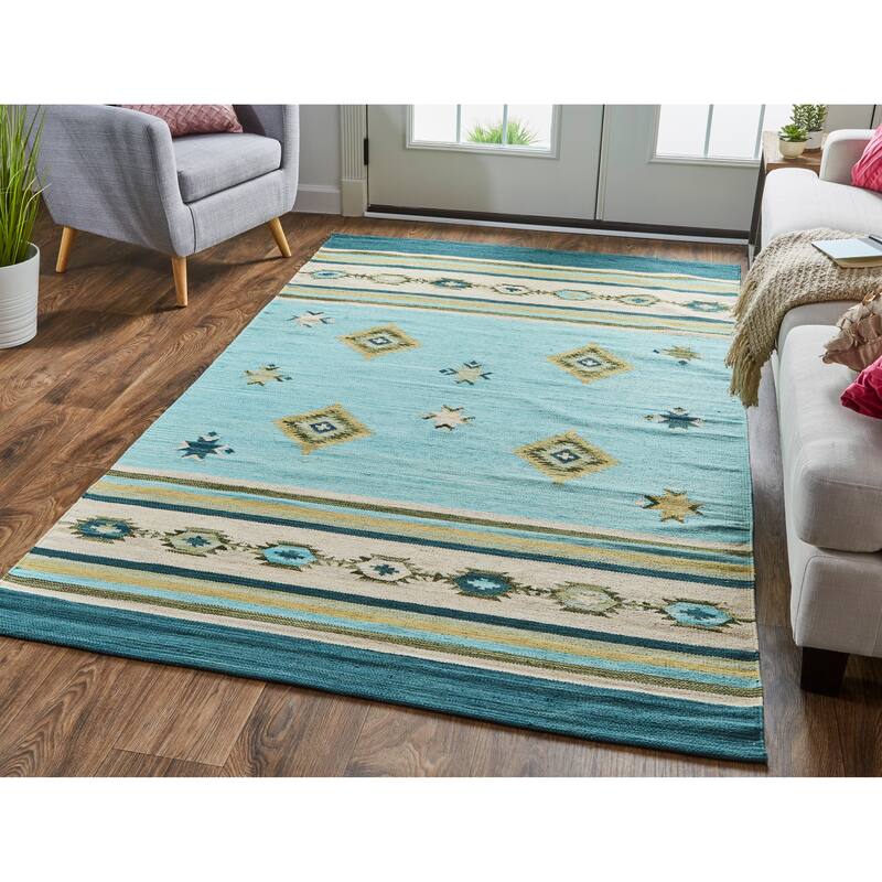 Amara Southwestern Diamonds Rug, Sky Blue/Evergreen, Area Rug