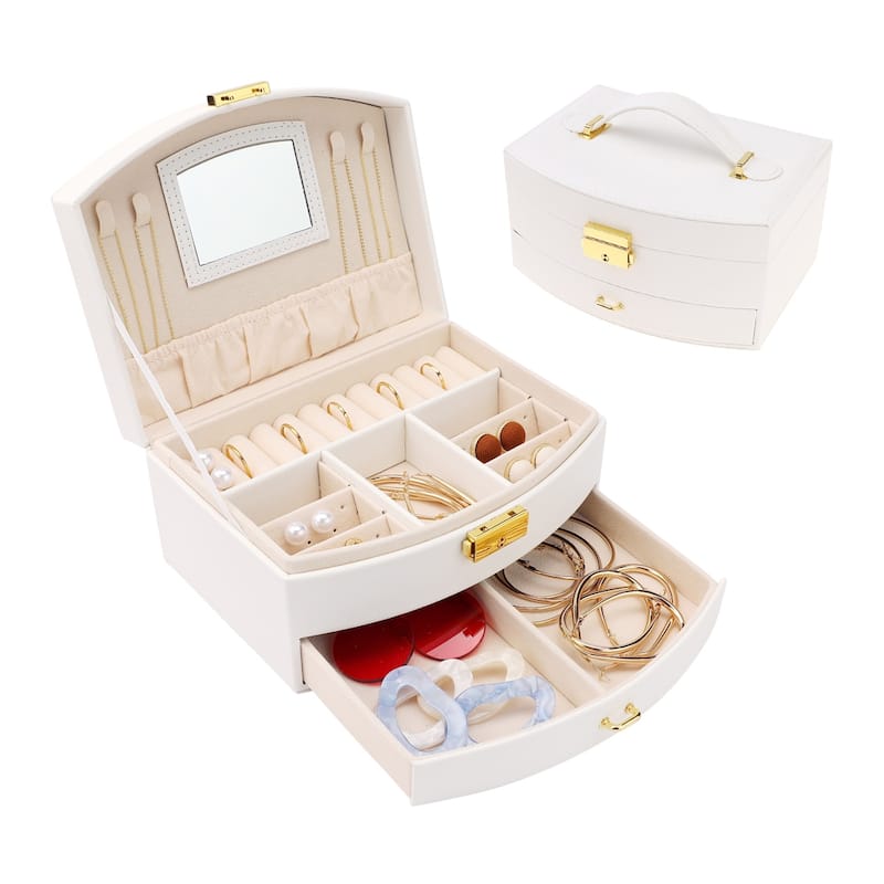 2 Layer Jewelry Box with Mirror, PU Leather Jewelry Organizer Case Storage Display Holder with Drawer, Removable Jewelry Tray