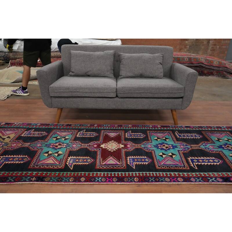 Hand Knotted Oriental 100% Wool Carpet Traditional Tribal Navy Blue & Blues Ardebil Runner Rug - 10' 0'' X 3' 2''