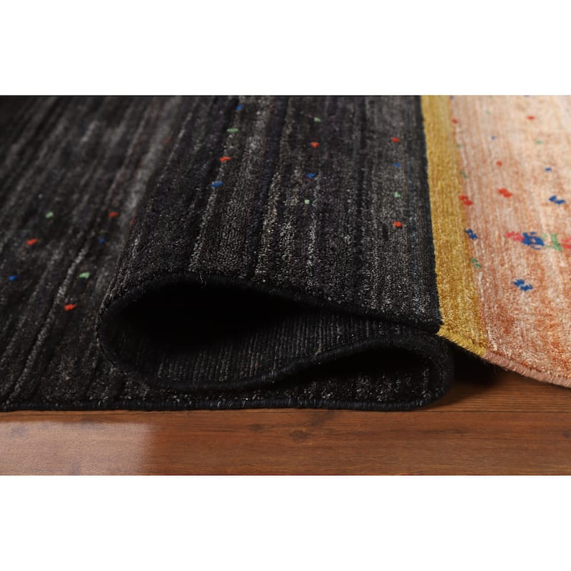 Striped Black Gabbeh Oriental Area Rug Hand-Knotted Silk Carpet - 8'2" x 9'8"