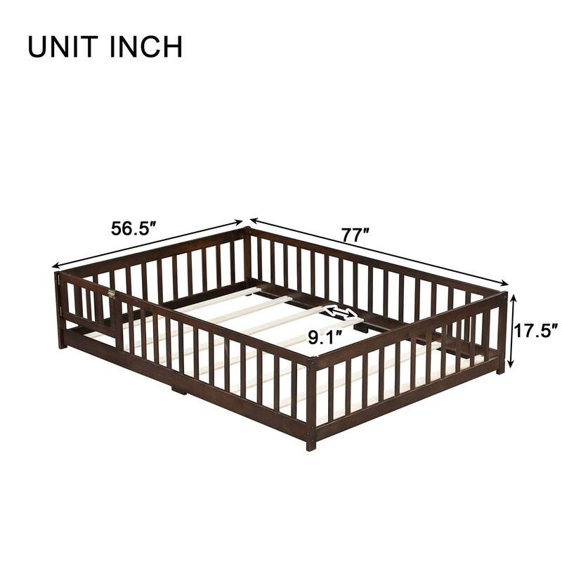 Twin/Full/Queen Size Floor Bed with Fence Guardrails and Door, Rubber Wood Toddler Bed Montessori Bed with Slats Support