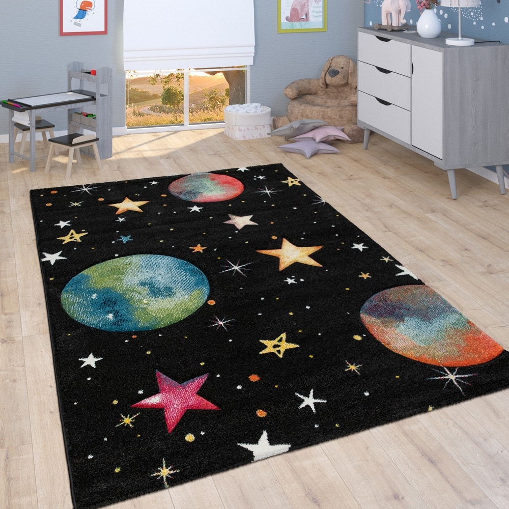 Kids Universe Rug with colored Planet Earth and Stars Space in Black