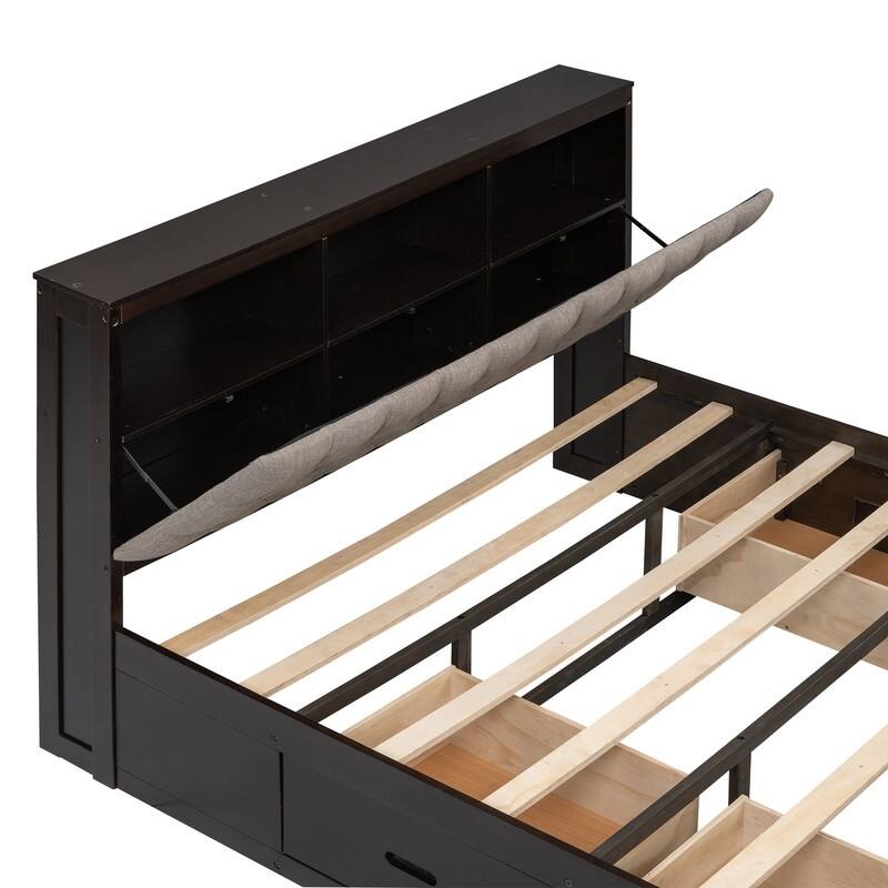 Queen Size Wood Platform Bed with Storage Headboard, Storage Shelves and 2 Drawers
