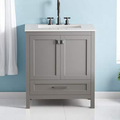30" Freestanding Bathroom Vanity with Sink, Carrara Engineered Marble Top, Solid Wood Cabinet, Soft Close Doors