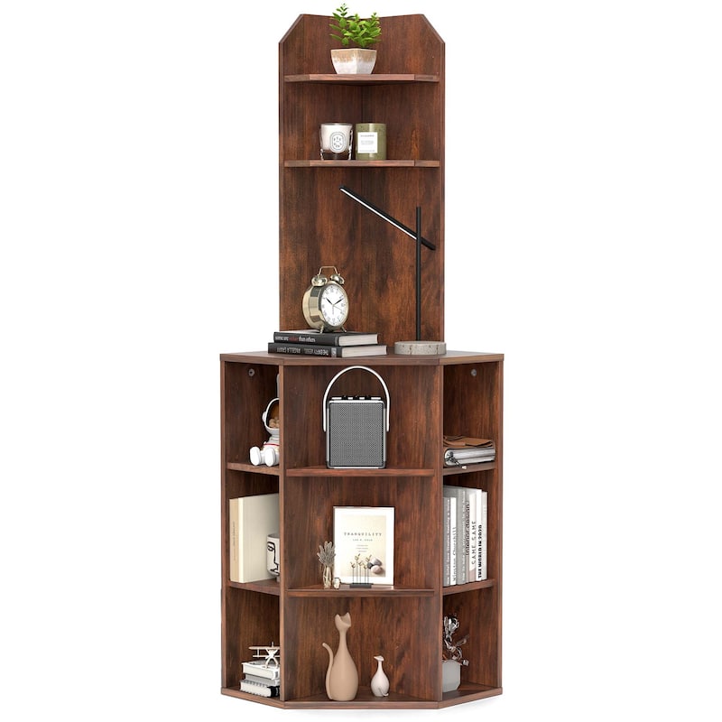 Costway 6-Tier Corner Shelf 63" Tall Corner Bookshelf with 2 USB Ports - See Details - Brown