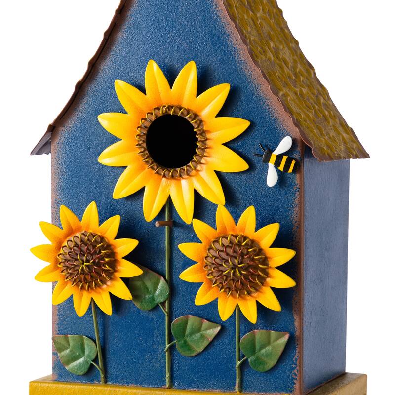 Glitzhome 52.5''H Blue Green Metal Sunflower Decorative Garden Birdhouse with Stake