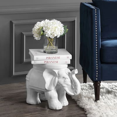 White Elephant 14.2" Ceramic Garden Stool, White by JONATHAN Y