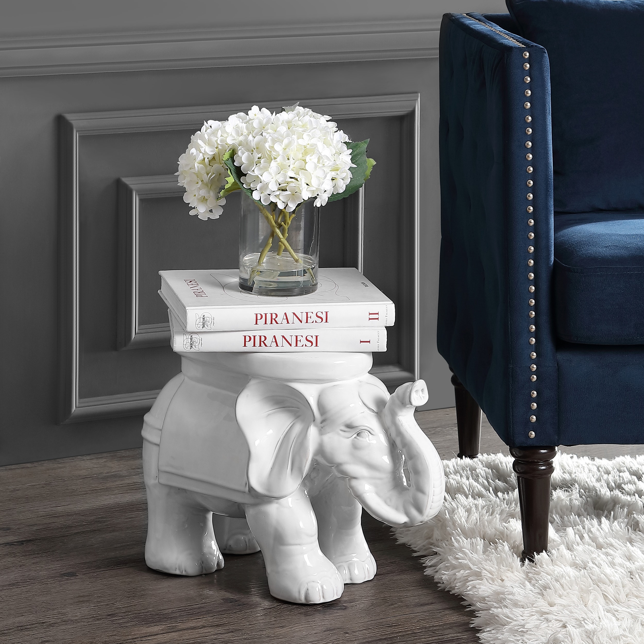 White Elephant Bohemian Glazed Ceramic Elephant Garden Stool, Weather-Resistant Indoor/Outdoor Patio Side Table & Plant Stand