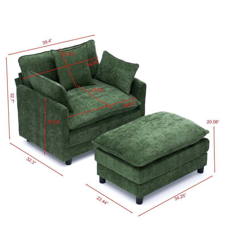 39.4" Chenille Accent Chair Club Chair with Ottoman, Living Room Chair Upholstered Armchair, Chaise Lounge Chair