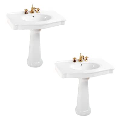Darbyshire White Pedestal Sink with 8" Widespread Faucet Holes and Overflow (Set of 2) - N/A