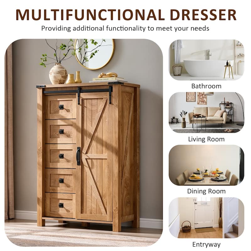 Farmhouse 5 Drawers Dresser, Vintage Chest of Drawers with Barn Door