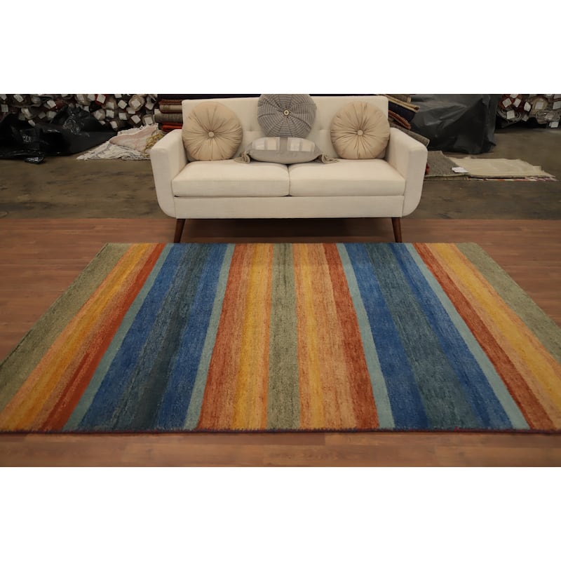 Hand Knotted Oriental 100% Wool Carpet Modern Stripe Multi-Colored Gabbeh Area Rug - 7' 11'' X 5' 6''