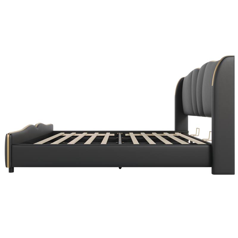 PU Leather Upholstered Bed Wingback Bed, Platform Bed Frame with Wave-Shaped Headboard & Footboard