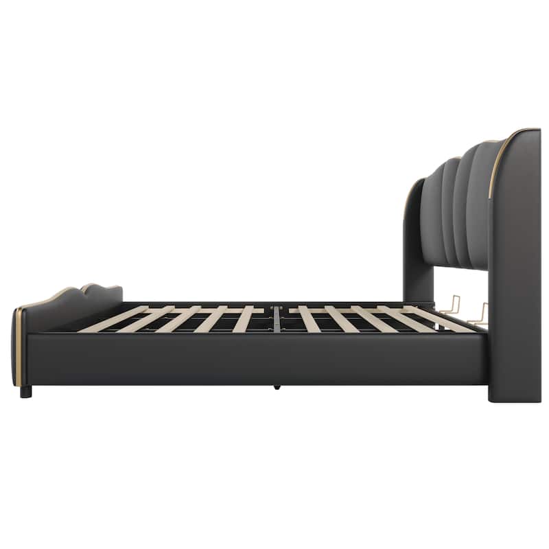 Roomfitters King Size Upholstered Platform Bed Frame with Wingback Headboard, Faux Leather, Wavy Footboard Design