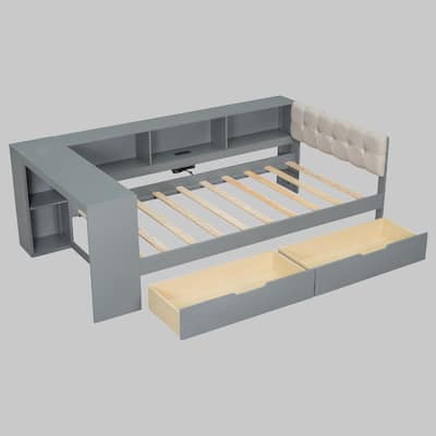 Wood Twin Size Bed with Storage Drawers, Charging Station, Upholstered Headboard, and Shelves