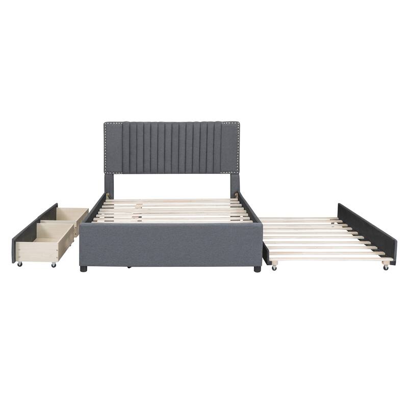 Queen Size Upholstered Platform Bed with 2 Drawers and 1 Twin XL Trundle