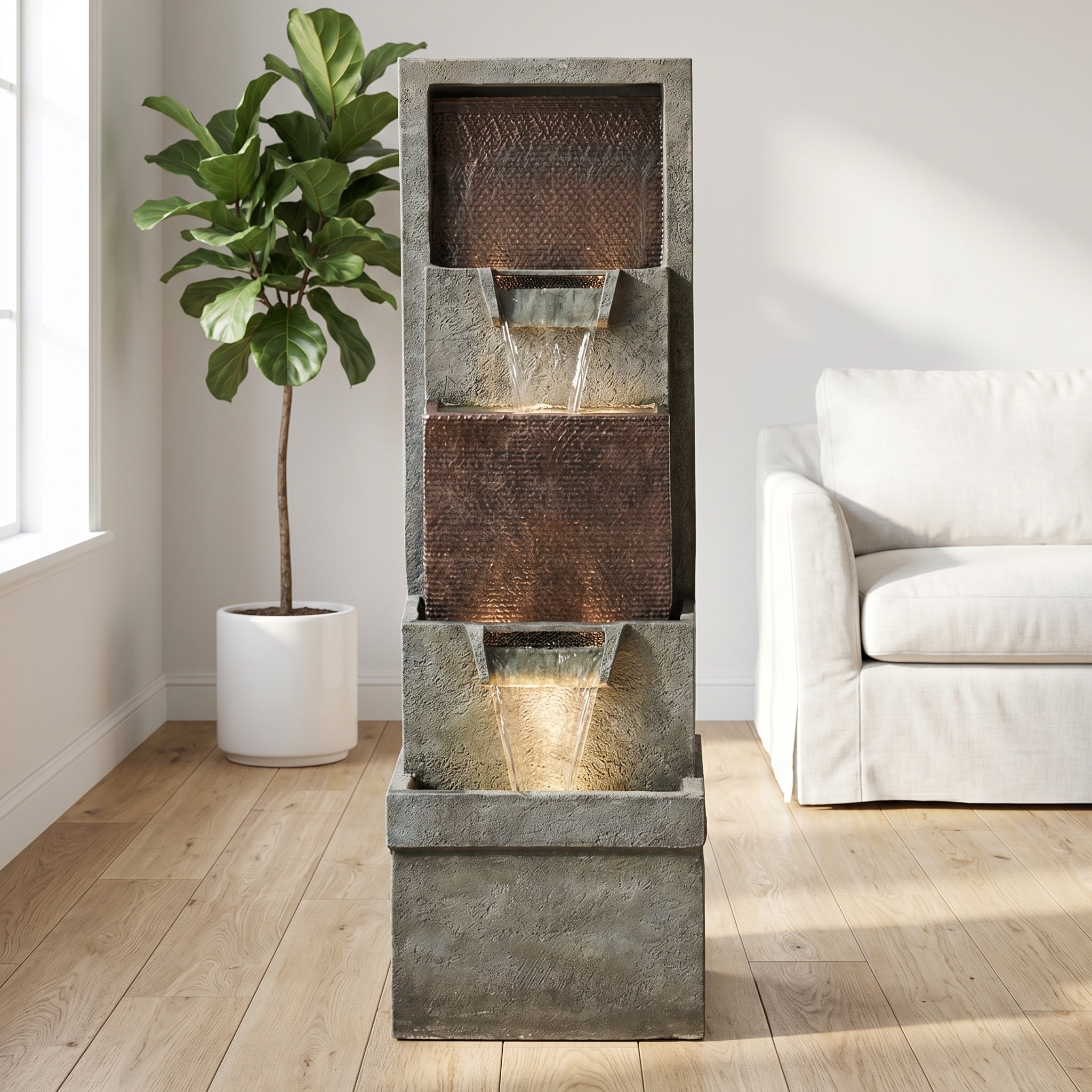 39.3 Inch Tall Modern Industrial Resin Water Fountain with LED Lights 2 Tier Cascading Floor Fountain for Patio Decor