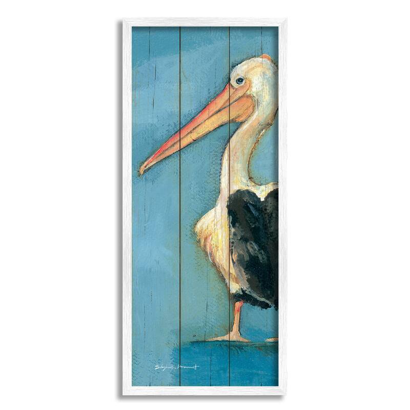 Stupell Pelican Bird Over Blue Planked Pattern Animal Painting Framed Wall Art - 10 x 24 - White