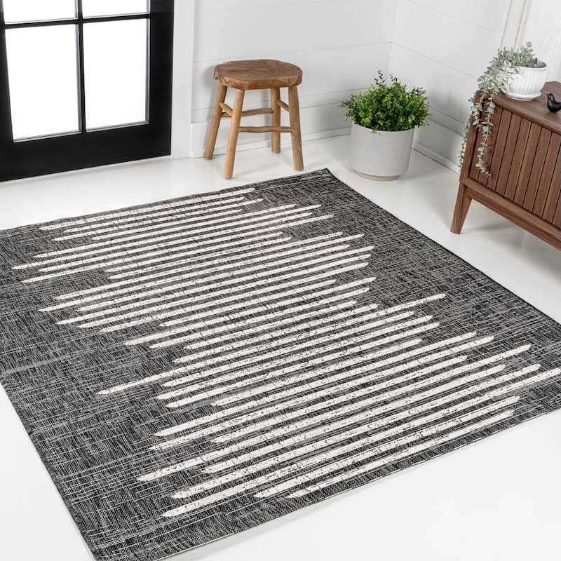 JONATHAN Y Colonia Berber Stripe Geometric Indoor/Outdoor Area Rug - 5' Square - Black/Ivory