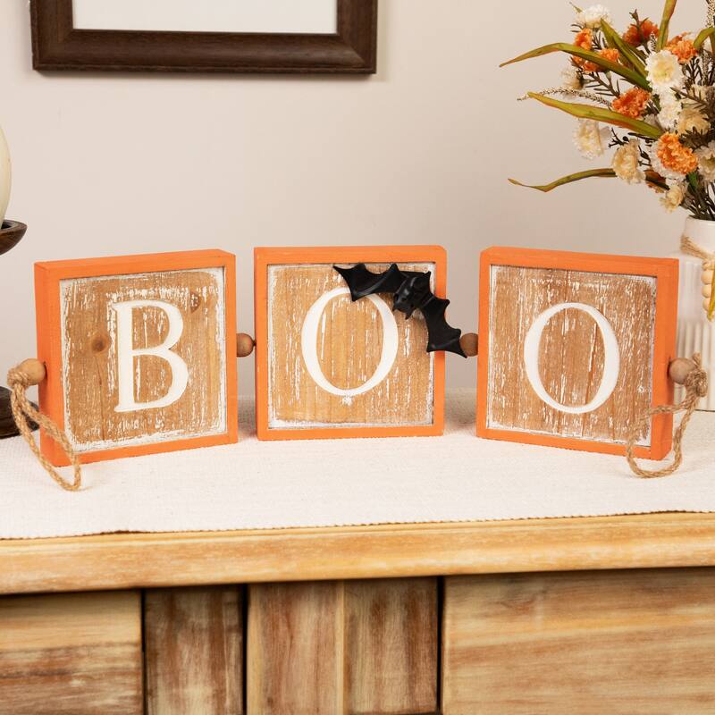 BOO Wooden Block Halloween Sign with Bat Accent - 27.5"