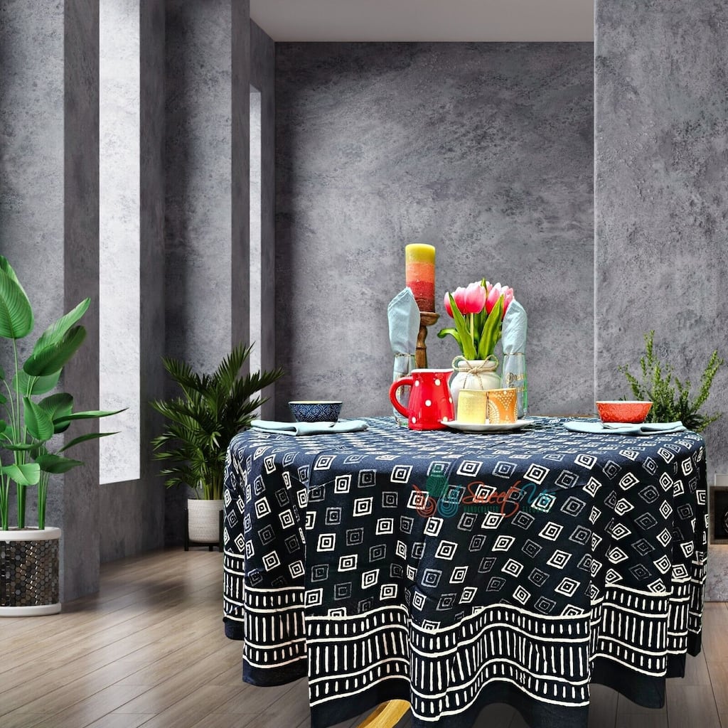 Cotton Block Print Dabu Geometric Tablecloth Collection