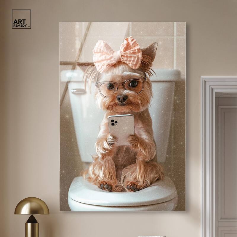 Cute Yorkie on the Toilet Acrylic by Art Remedy, Ready to Hang