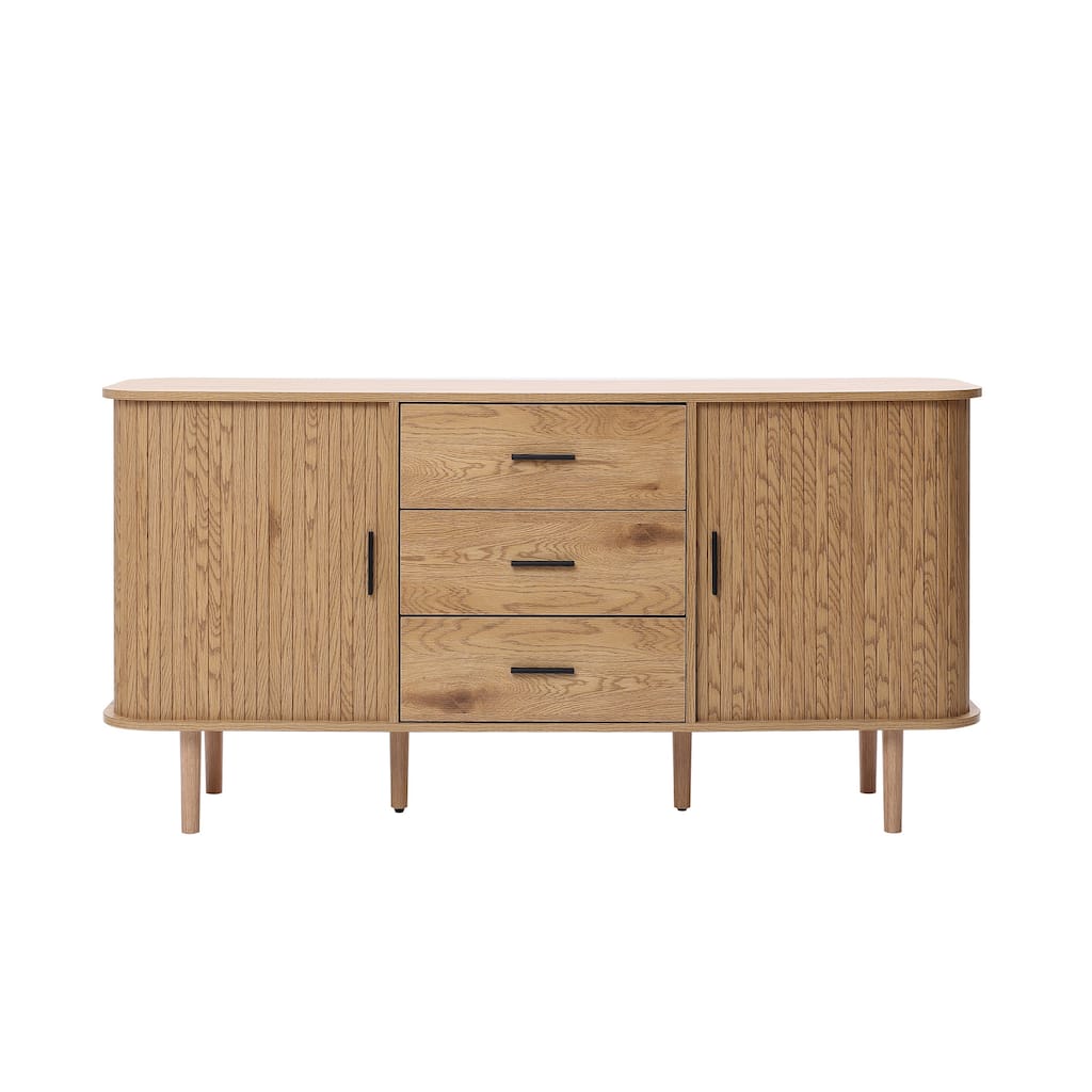 Oak Finish MDF Wood Sideboard Cabinet with Rounded Corners & Sliding Doors - 29.53" H x 59.05" W x 15.75" D